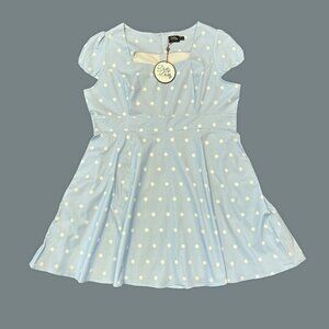 Dolly & Dotty Blue White Polka Dot Swing Dress Puff Sleeve Plus 24 NWT